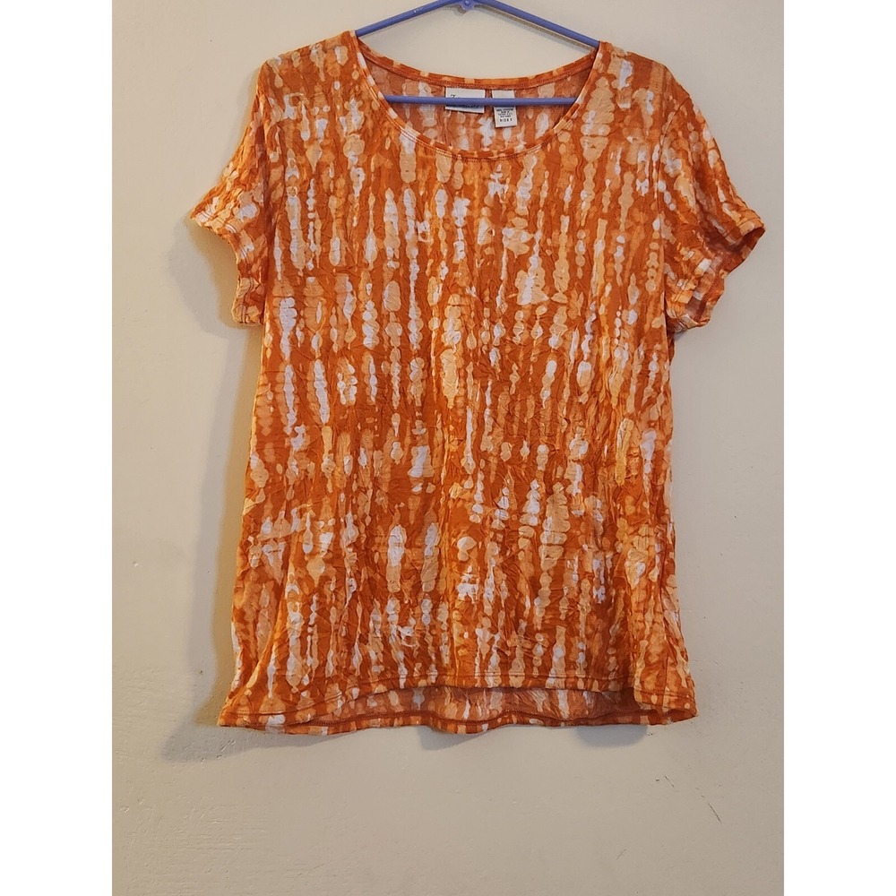 Zenergy by Chicos Orange White Tie Dye Crinkle Top Short Sleeve Size 2 Large